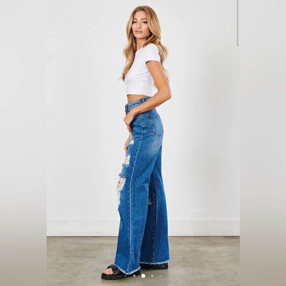 Vibrant M.i.U Ripped Hem Button fly Wide Leg distressed Jeans Sz 13 - Picture 5 of 11